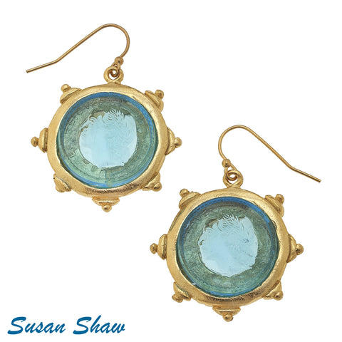 Susan Shaw  GoldWire Earring with Aqua Glass Intaglio