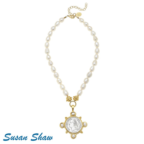 Susan Shaw Gold/Silver/Pearl Coin on Pearl Necklace