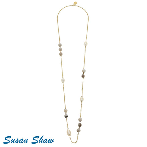 Susan Shaw 35” Gold Chain with Turquoise and Pearls