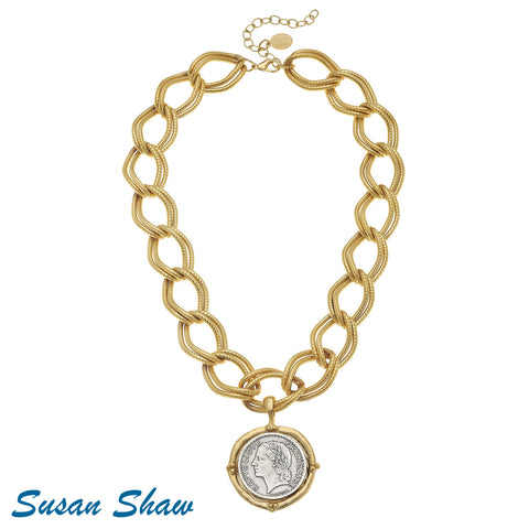 Susan Shaw Gold Chain with Silver Italian Coin Intaglio