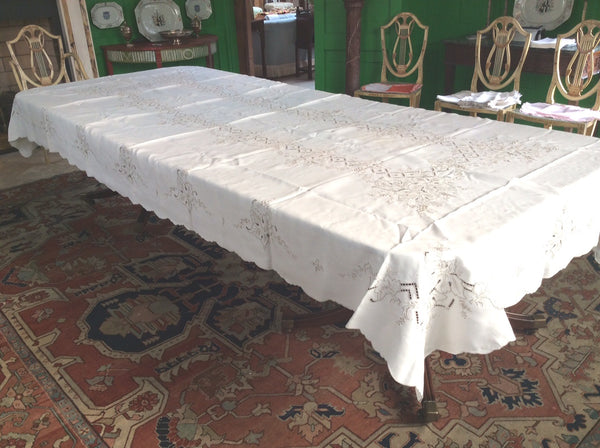 Banquet Cloth:  Ecru Linen with Embroidery and Scalloped edge
