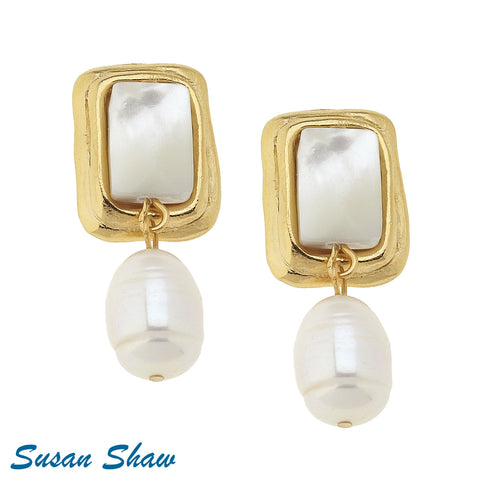 Susan Shaw Earrings Gold Rectangle with Mother of Pearl Clip and Freshwater Pearl Drop