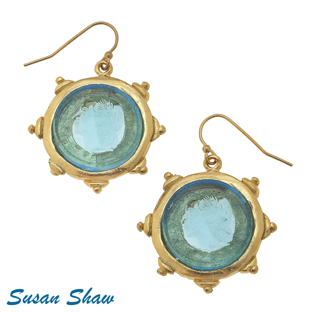 Susan Shaw  GoldWire Earring with Aqua Glass Intaglio