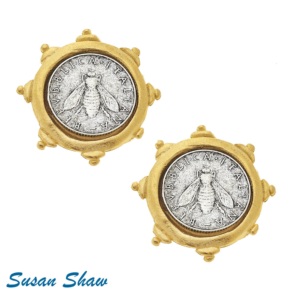 Susan Shaw Gold Coin with Bee Clip Earrings