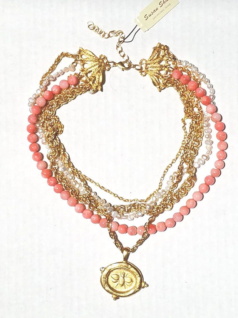 Susan Shaw Large Gold Bee on Gold Chain and 3 Strand Gold, Pearl, Coral Necklace