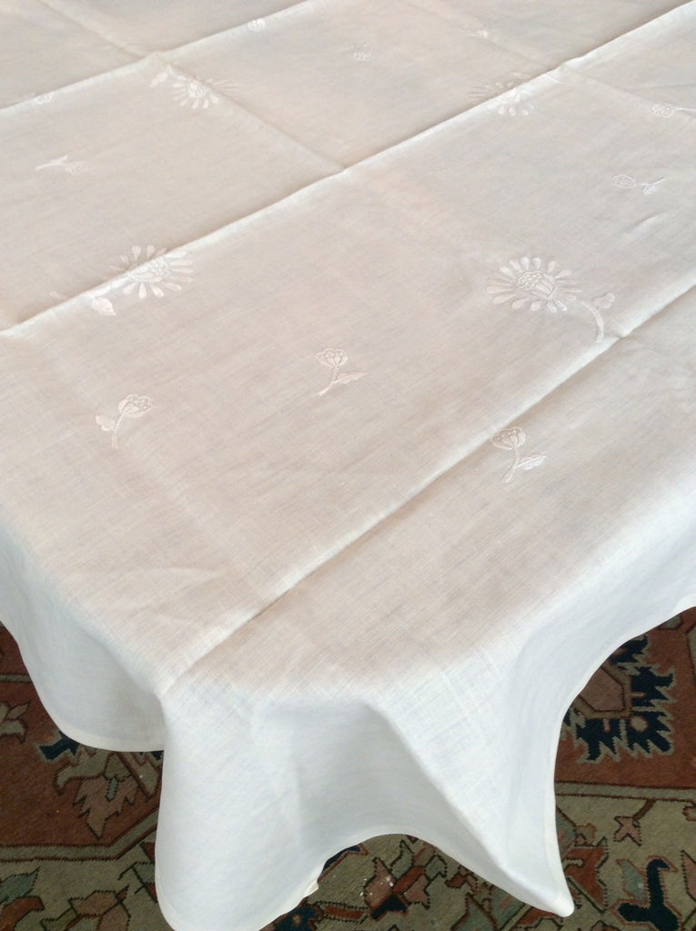 Bridge Table Cloth:  Ecru embroidered Linen with straight banded edging