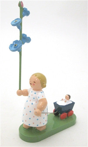 Girl with Forget Me not and Baby Buggy