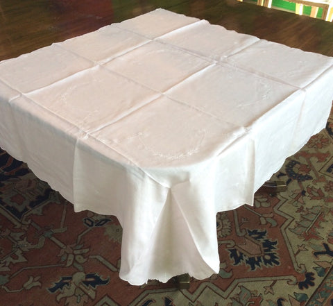 Bridge Table Cloth:  Pink Handerkerchief Embroidered Linen with matching napkins
