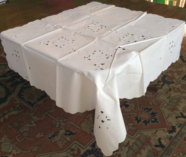 Bridge Table Cloth:  White Linen Cutwork and embroidery with Scalloped Edging