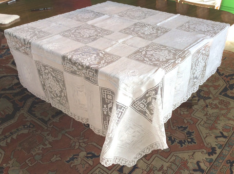 Bridge Table Cloth:  Army Navy  pattern of Embroidered Squares and Lace Squares with Lace Edging