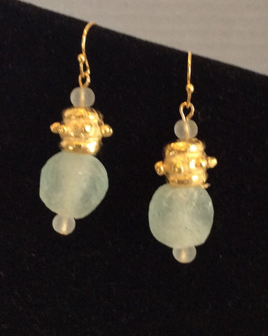 Susan Shaw Earrings Gold Bead and Aqua Recycled Glass