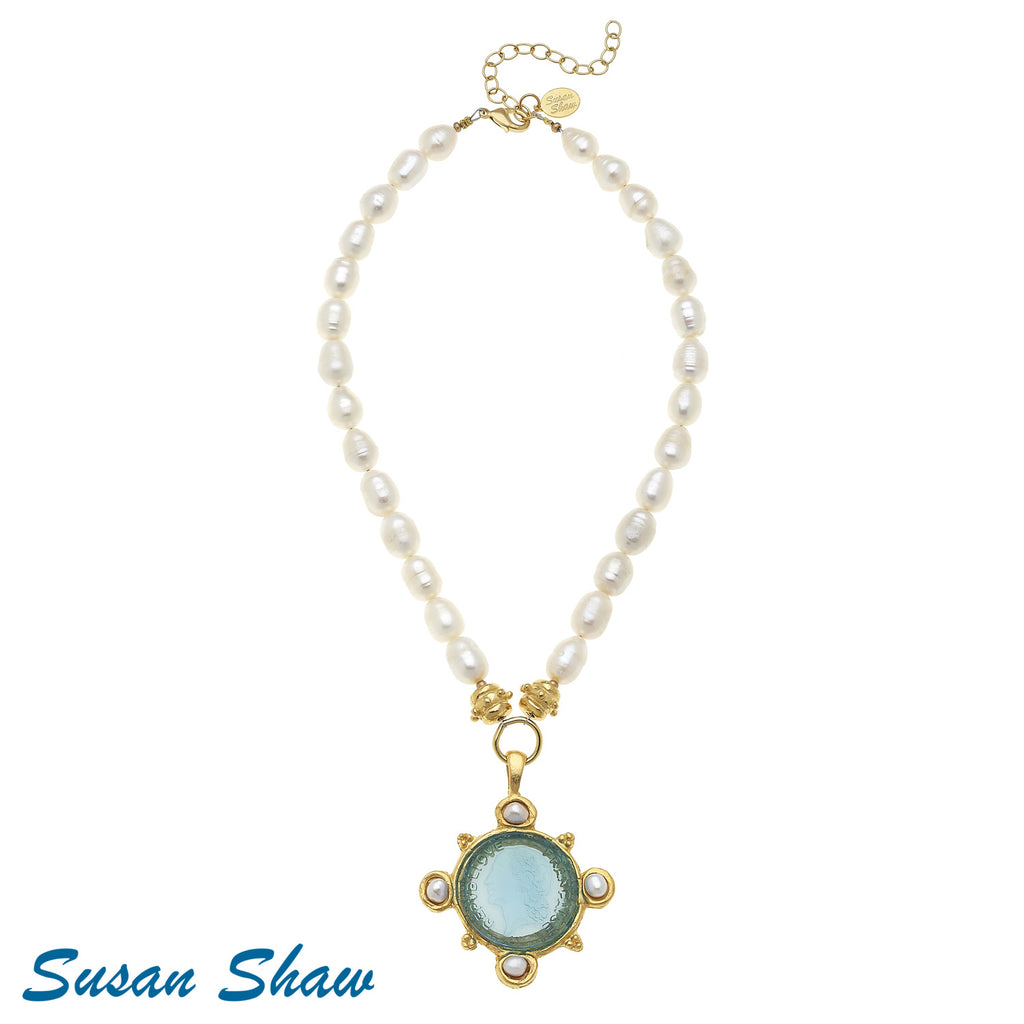 Susan Shaw Aqua Venetian Glass Coin on Pearl Necklace