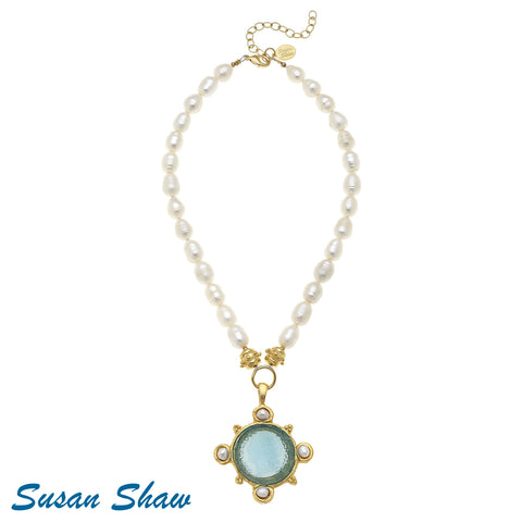 Susan Shaw Aqua Venetian Glass Coin on Pearl Necklace