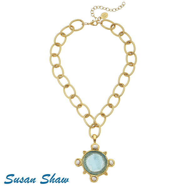 Susan Shaw Handcast Gold Link Necklace with Aqua Venetian Glass coin with Pearls