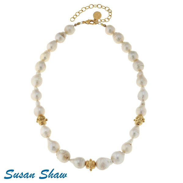 Susan Shaw Large Baroque Genuine Freshwater Pearls with Handcast Gold Bead Necklace