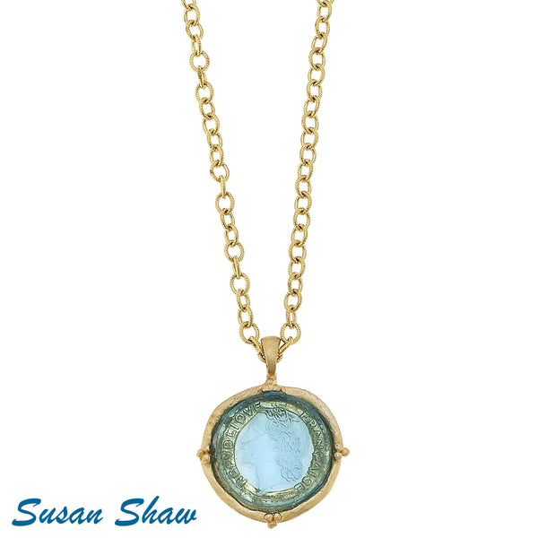 Susan Shaw Long Gold Chain with Aqua Venetian Gold Coin