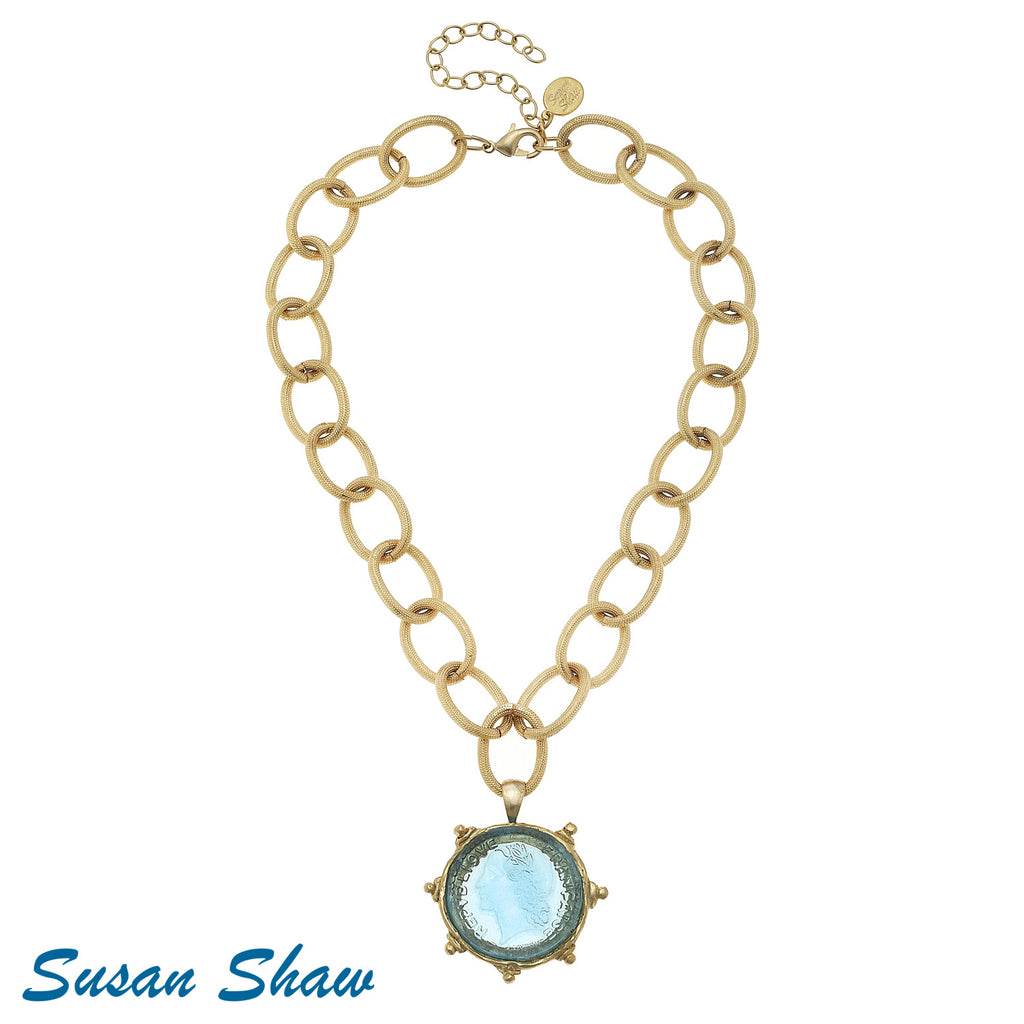 Susan Shaw Gold, Aqua Venetian Glass Coin Chain Necklace
