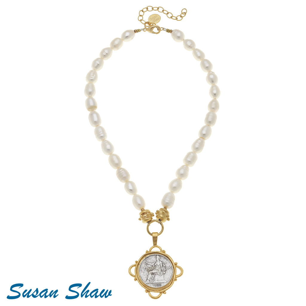 Susan Shaw Handcast Gold/Silver Italian Coin on Genuine Freshwater Pearl Necklace