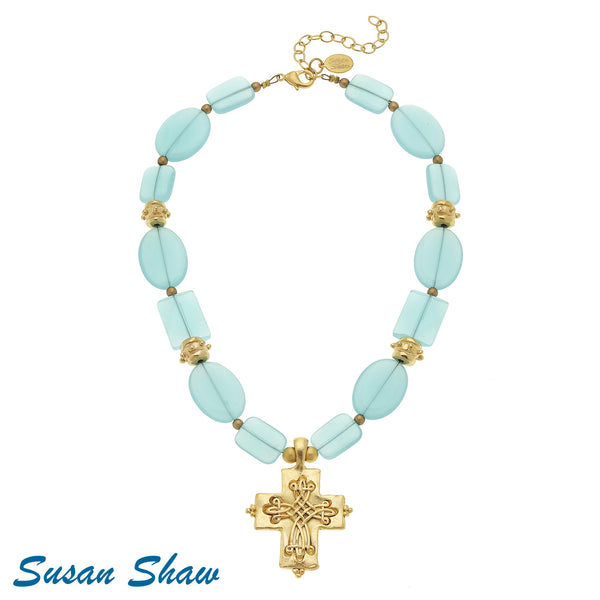 Susan Shaw Handcast Gold Cross and Aqua Quartz Necklace