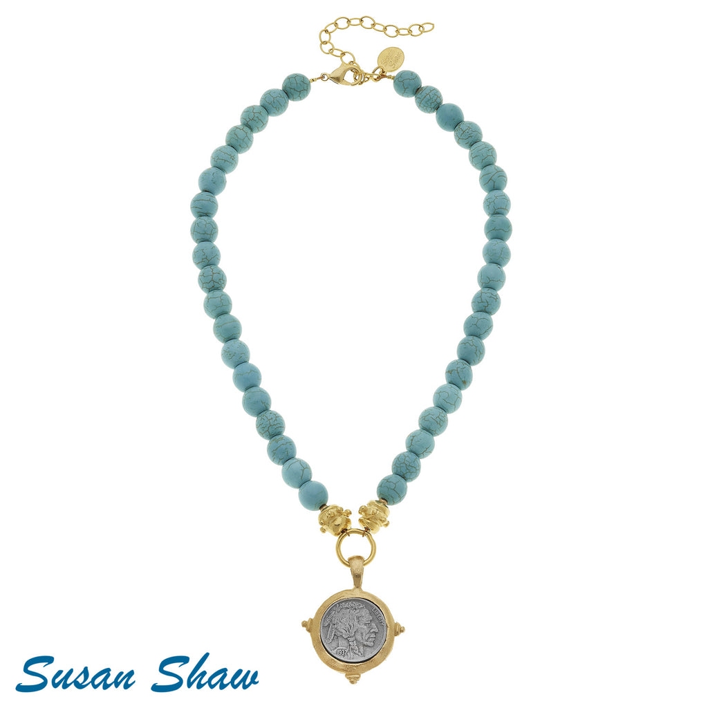 Susan Shaw Gold and Silver Indian Head Nickel on Turquoise Necklace