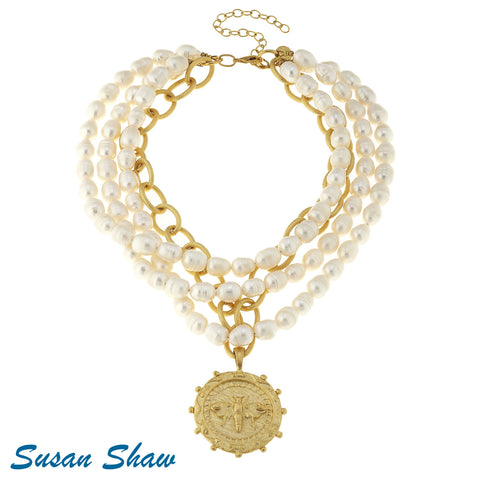 Susan Shaw Large Gold Bee on Gold Chain and 3 Strand Pearl Necklace