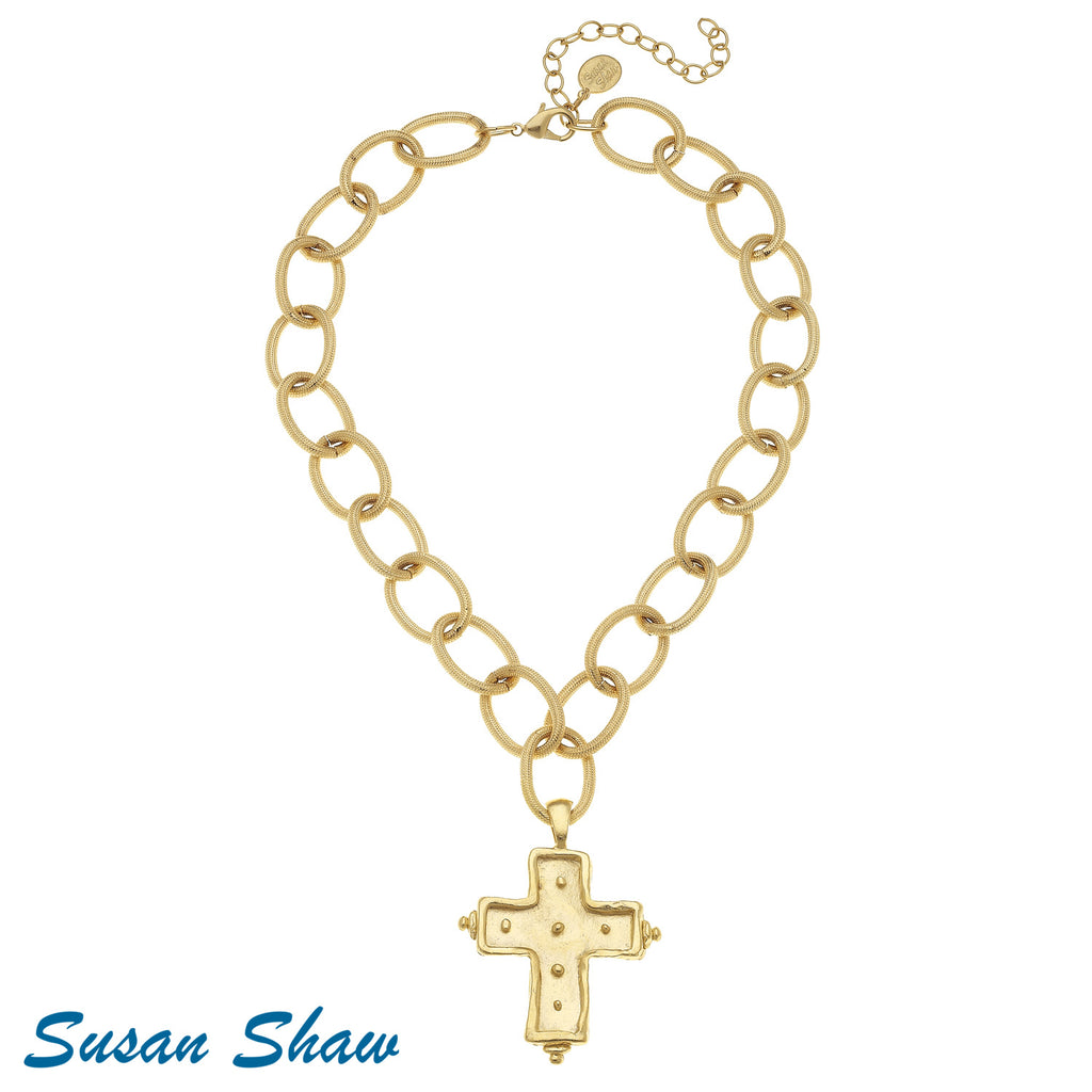 Susan Shaw Gold Cross on Gold link Chain Necklace