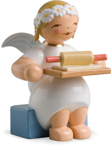 Marguerite Angel sitting with Rolling Pin and Cookie Dough