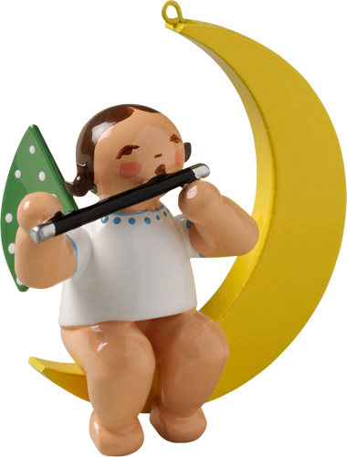 Wendt and Kuhn Ornament:  Angel with Transverse Flute in Moon  1.75