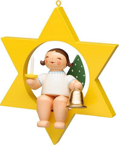 Wendt and Kuhn Ornament:  Angel with Bell and Candle in Star  2.75
