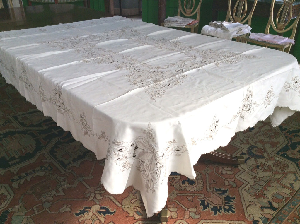 Table Cloth:  Ecru Embroidered Linen