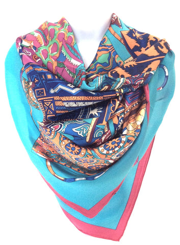 W-100% Silk Collage Scarf Blue