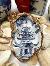 Blue and White Chinoiserie Temple Oyster Shell Trinket dish