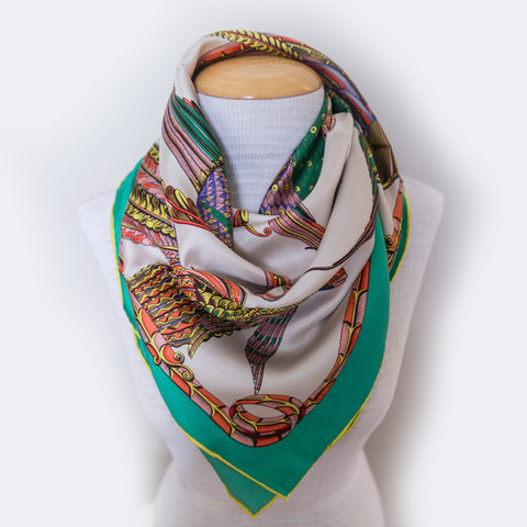 100% Silk Twill Fish and Feather Scarf Aqua