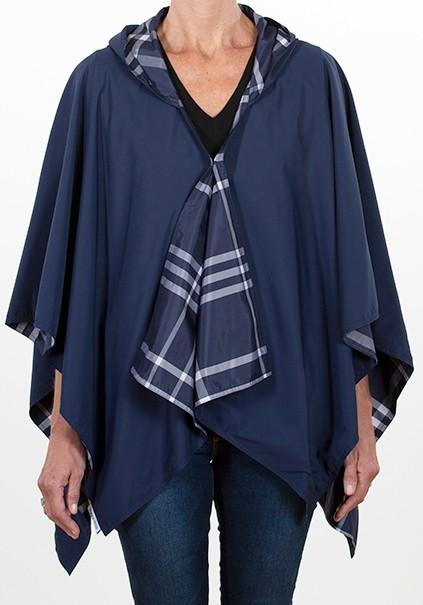 Rainrap: Waterproof poncho with pouch navy/blue plaid