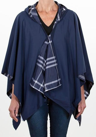 Rainrap: Waterproof poncho with pouch navy/blue plaid